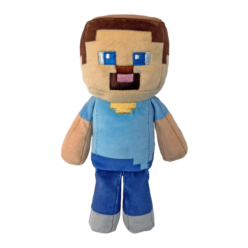 TY Minecraft Steve plush front view with block shaped head, blue eyes and blue clothing
