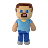 TY Minecraft Steve plush front view with block shaped head, blue eyes and blue clothing