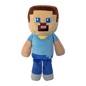 TY Minecraft Steve plush front view with block shaped head, blue eyes and blue clothing