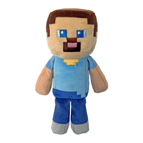 TY Minecraft Steve plush front view with block shaped head, blue eyes and blue clothing