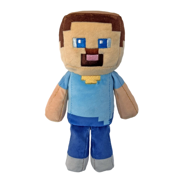 TY Minecraft Steve plush front view with block shaped head, blue eyes and blue clothing