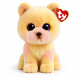 TY Palmer Pomeranian Beanie Boo close front view showing glitter eyes, pink muzzle and yellow fur