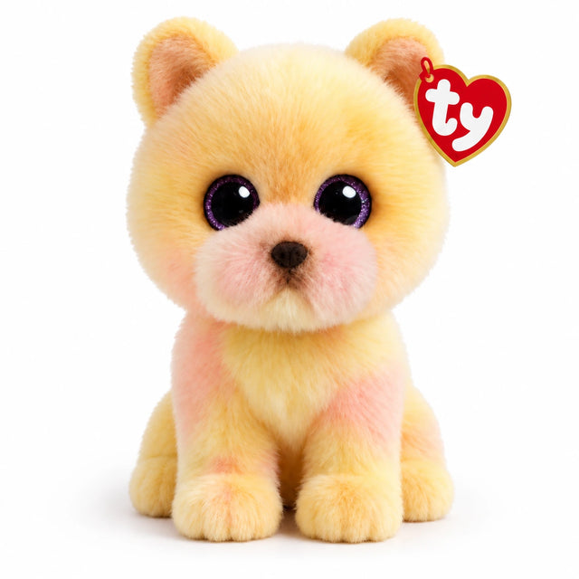 TY Palmer Pomeranian Beanie Boo close front view showing glitter eyes, pink muzzle and yellow fur