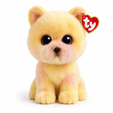 TY Palmer Pomeranian Beanie Boo front view with pastel yellow and pink fur and glitter eyes