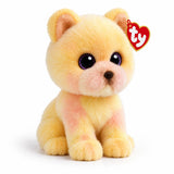 TY Palmer Pomeranian Beanie Boo seated at a three quarter angle with glitter eyes and TY heart tag