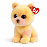 TY Palmer Pomeranian Beanie Boo three quarter view showing pastel yellow fur, pink markings and TY heart tag