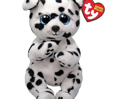 TY Beanie Bellies Rowdy Dalmatian front view with black spots, glitter blue eyes and TY heart tag