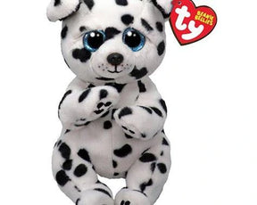 TY Beanie Bellies Rowdy Dalmatian front view with black spots, glitter blue eyes and TY heart tag