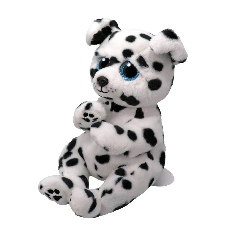 TY Beanie Bellies Rowdy Dalmatian three quarter view showing black and white spotted fur, glitter blue eyes and raised front paws