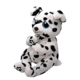TY Beanie Bellies Rowdy Dalmatian three quarter view showing black and white spotted fur, glitter blue eyes and raised front paws