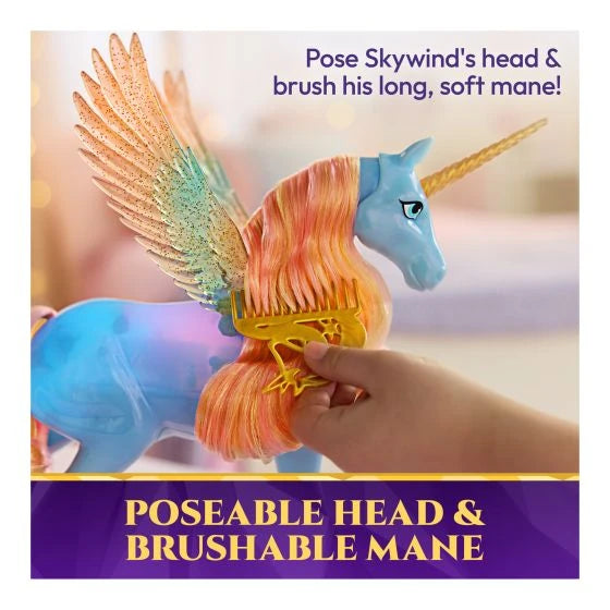Close view of Unicorn Academy Glow Magic Skywind with its pink mane being brushed