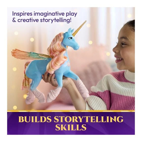 Child holding Unicorn Academy Glow Magic Skywind with its wings extended