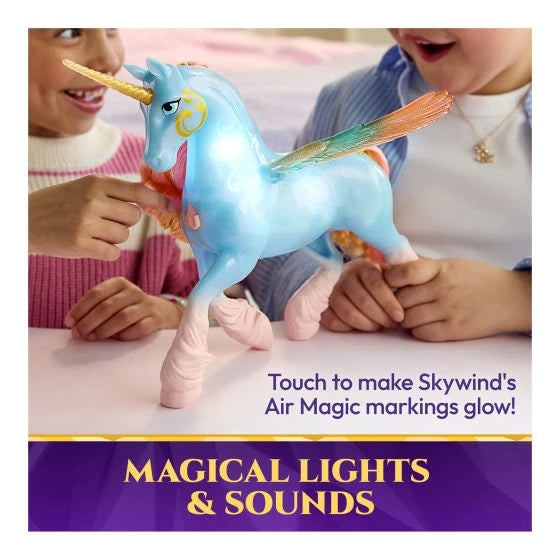 Children touching Unicorn Academy Glow Magic Skywind as its body markings light up