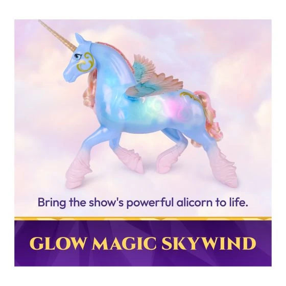 Unicorn Academy Glow Magic Skywind with illuminated multicoloured markings across its blue body