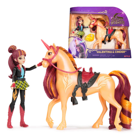 Valentina doll beside Cinder unicorn with saddle and brush – Ireland