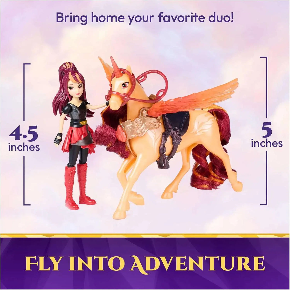 Unicorn Academy Valentina doll and winged Cinder unicorn displayed side by side against a pastel background, with height measurements of 4.5 inches for Valentina and 5 inches for Cinder.