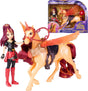 Unicorn Academy Wing Magic Valentina doll standing beside Cinder, an orange unicorn with red translucent wings, red bridle, saddle and dark red mane, with the original retail packaging shown above.