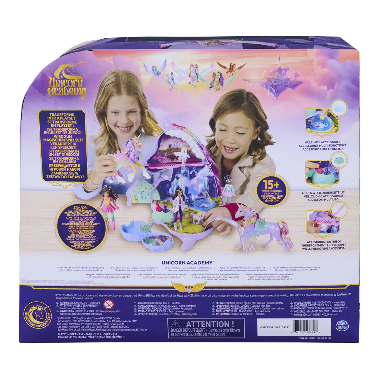 Back of Unicorn Academy Wildstar Styling Head & Playset packaging showing the opened set, accessories and children using it