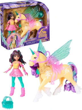 Unicorn Academy Wing Magic Ava doll standing beside Leaf, a yellow unicorn with turquoise wings, purple and turquoise mane and tail, pink saddle and bridle, with the original retail packaging and turquoise grooming brush displayed on a white background.
