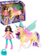 Unicorn Academy Wing Magic Ava doll standing beside Leaf, a yellow unicorn with turquoise wings, purple and turquoise mane and tail, pink saddle and bridle, with the original retail packaging and turquoise grooming brush displayed on a white background.