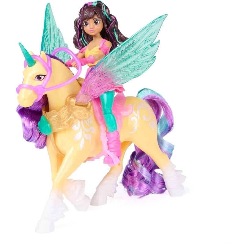 Unicorn Academy Ava doll with long brown hair, pink and yellow outfit, turquoise trousers and pink boots riding Leaf, a yellow unicorn with large translucent turquoise wings, purple mane and pink riding accessories.