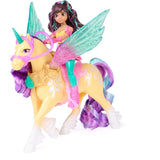 Unicorn Academy Ava doll with long brown hair, pink and yellow outfit, turquoise trousers and pink boots riding Leaf, a yellow unicorn with large translucent turquoise wings, purple mane and pink riding accessories.