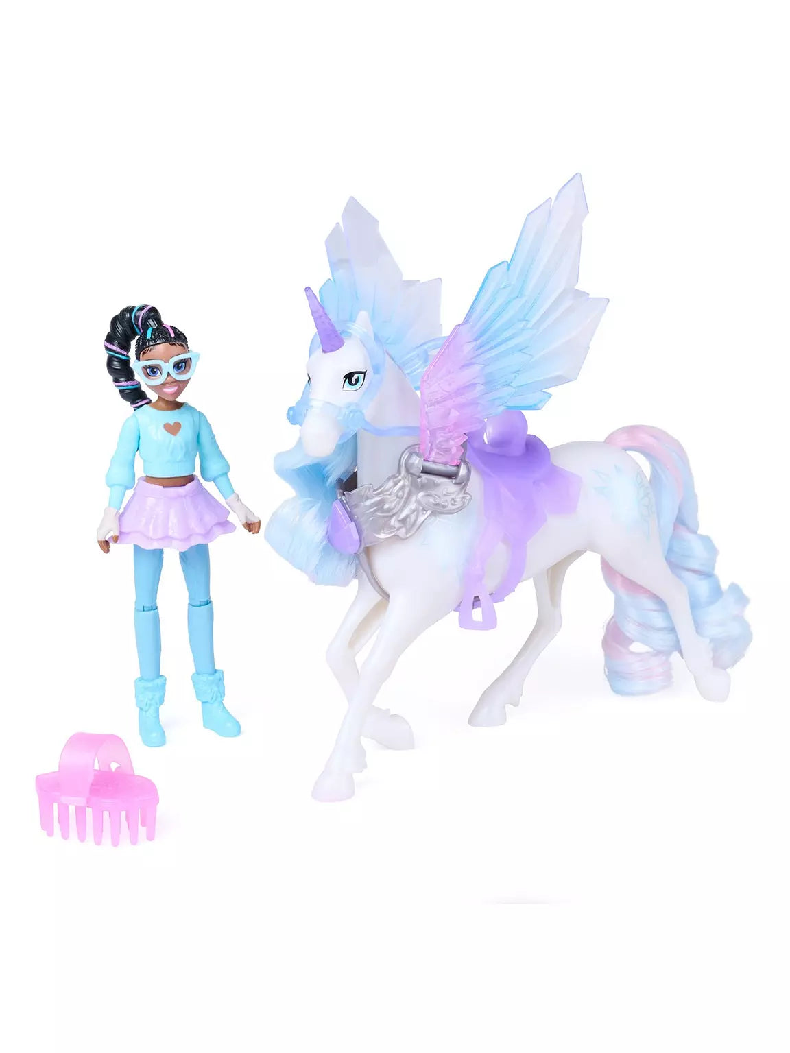Unicorn Academy Wing Magic Layla doll beside Glacier unicorn with blue and purple wings and pink brush
