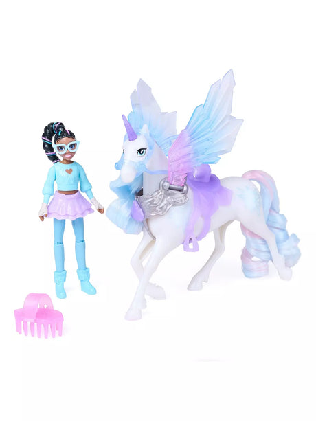 Unicorn Academy Wing Magic Layla doll beside Glacier unicorn with blue and purple wings and pink brush