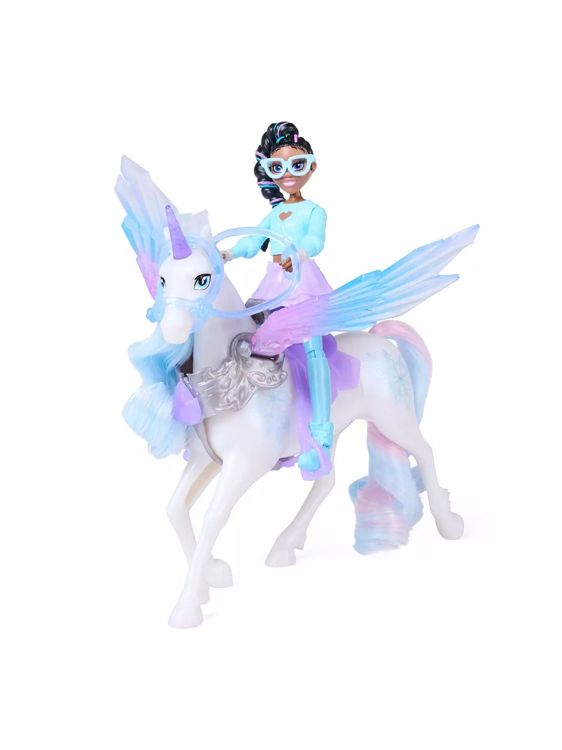 Unicorn Academy Wing Magic Layla doll seated on Glacier unicorn with wings extended