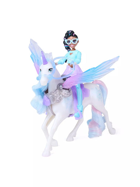 Unicorn Academy Wing Magic Layla doll seated on Glacier unicorn with wings extended