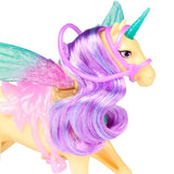 Close-up of Leaf unicorn's head with turquoise horn, pink bridle, purple eyes and long curled purple, pink and turquoise mane, with a translucent wing visible behind the hair.