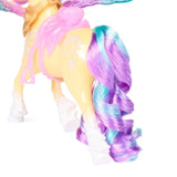 Close-up of Unicorn Academy Leaf's long, curled purple and turquoise tail, showing the yellow hindquarters with white floral markings, pink saddle and white hooves.