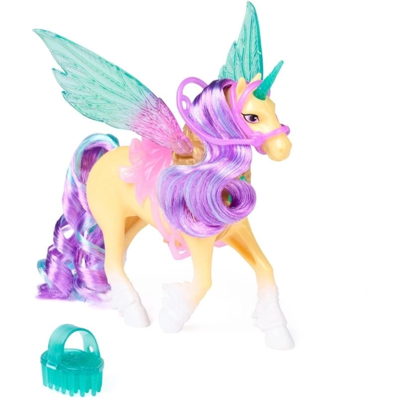 Unicorn Academy Leaf unicorn standing with raised turquoise and pink translucent wings, curled purple and turquoise mane and tail, pink bridle and white hooves, with a turquoise grooming brush beside her.