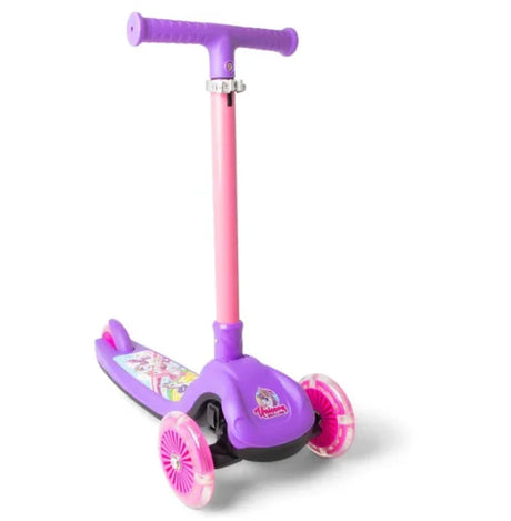 A purple and pink three wheel scooter shown from the front with clear pink wheels and a small unicorn graphic on the front panel