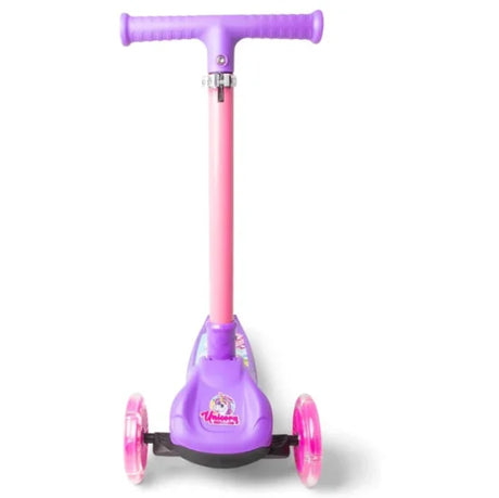 A purple and pink three wheel scooter shown from the front with clear pink wheels and a small unicorn graphic on the front panel