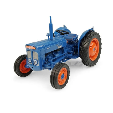 Front view of blue Fordson Super Dexta 1:32 tractor with red wheels, photoetched grille and detailed headlights