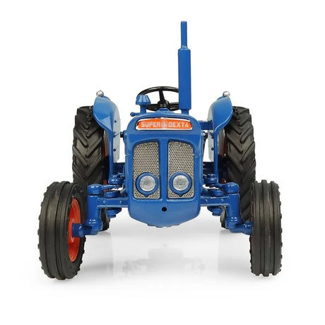 Front view of blue Fordson Super Dexta 1:32 tractor with red wheels, photoetched grille and detailed headlights