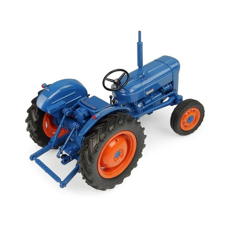 Rear angled view of blue Fordson Super Dexta 1:32 tractor showing red wheels, seat, fenders and hitch detailing