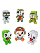 Set of six Unspeakable Mystery Plush characters including OG Frog, Brick Frog, Robot Frog, Tye Dye Frog, Zombie Frog, and Unspeakable