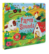 Angled Usborne Farm Sounds board book cover showing a cow, rooster, tractor and henhouse