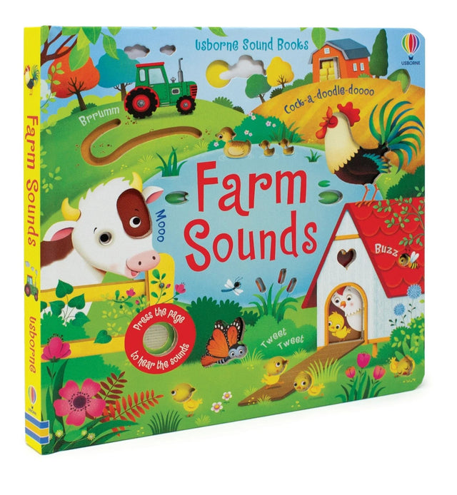 Angled Usborne Farm Sounds board book cover showing a cow, rooster, tractor and henhouse
