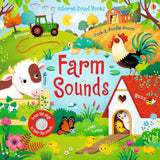 Usborne Farm Sounds front cover with a cow, rooster, tractor, ducklings and henhouse