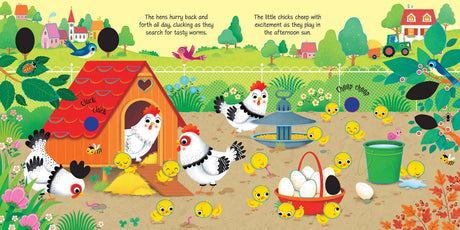 Usborne Farm Sounds book spread showing hens, chicks, eggs and a red henhouse