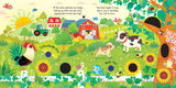 Usborne Farm Sounds spread showing a sunny farmyard with sheep, goats, chicks, tractor and barns