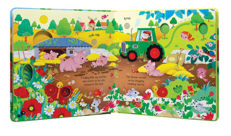 Usborne Farm Sounds open book spread showing muddy pigs, flowers, a tractor and farm animals