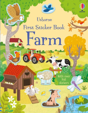 Usborne First Sticker Book Farm cover showing red tractor, cows and farm animals in Ireland