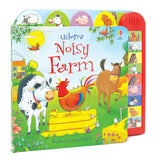 Angled Usborne Noisy Farm front cover showing farm animals and a red sound panel 