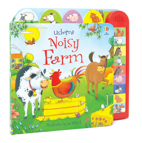Angled Usborne Noisy Farm front cover showing farm animals and a red sound panel 