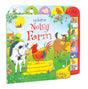 Angled Usborne Noisy Farm front cover showing farm animals and a red sound panel 