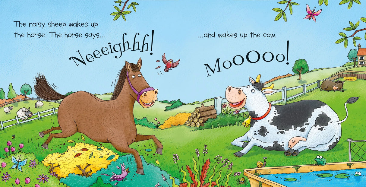 Usborne Noisy Farm book spread showing a donkey, cow and calf in a field